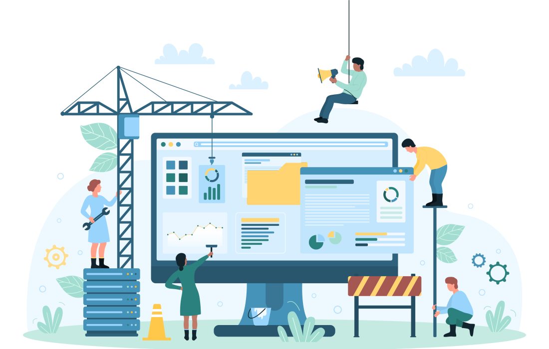 Website under construction, tiny people build, update structure of site, create content