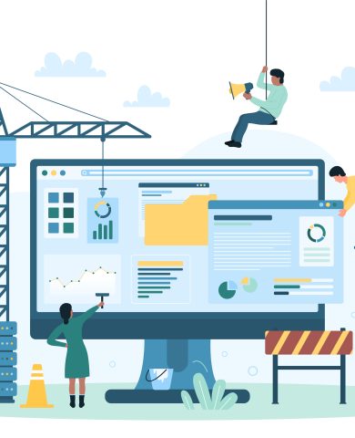 Website under construction, tiny people build, update structure of site, create content