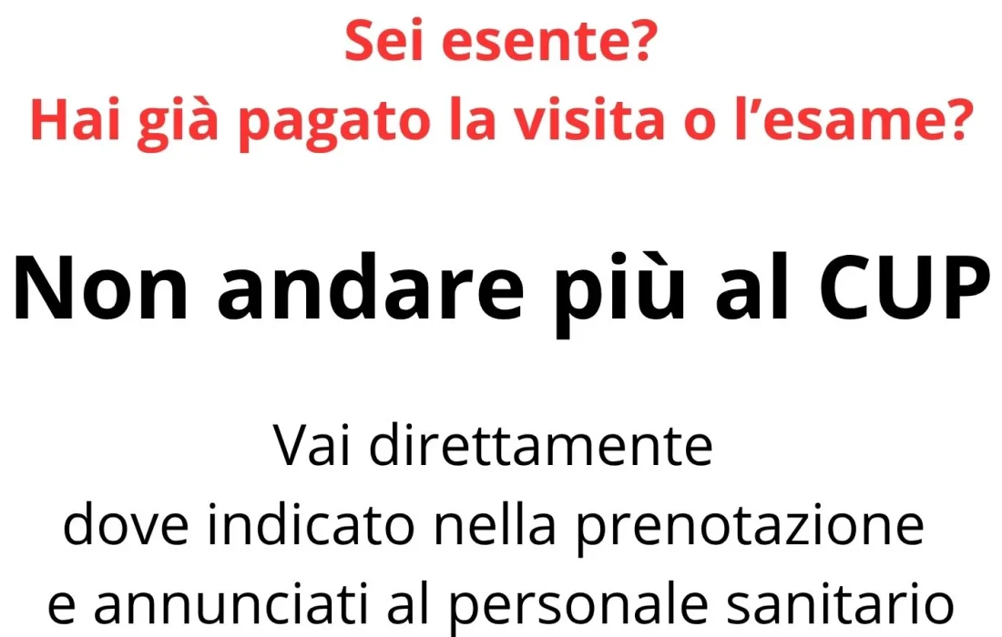 Il cartello riporta le indicazioni per chi è esente o ha già pagato il ticket. Il cittadino non deve più andare al CUP ma dove è indicato nella prenotazione e si deve annunciare al personale sanitario